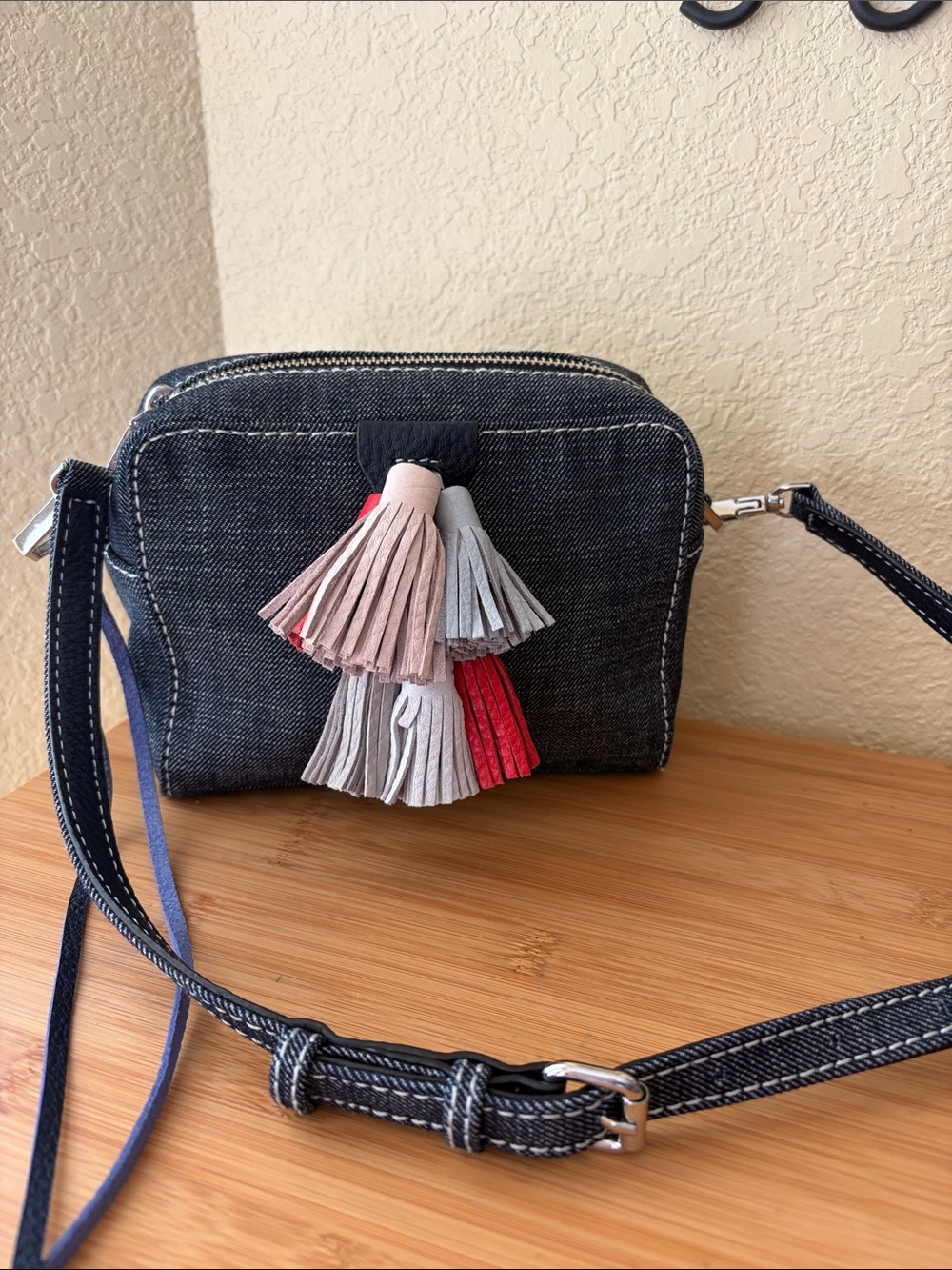 Rebecca Minkoff Dark Denim Crossbody with Multi-Color Tassels